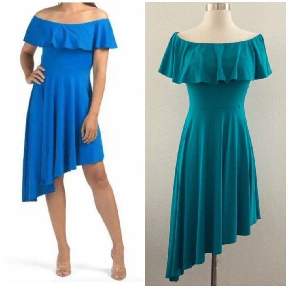 Susana Monaco Dress Off The Shoulder Flowy Ruffle Resortwear Small Teal NEW